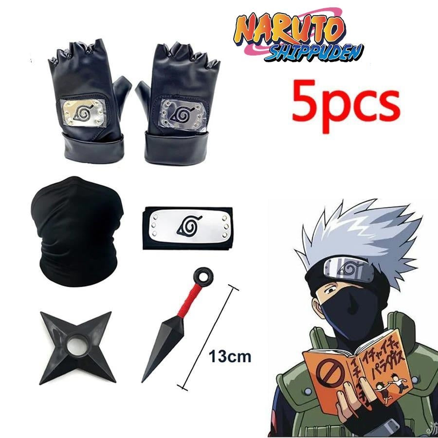 5pcs Naruto Anime Cosplay Costume Kakashi Gloves Kunai Headband Weapon Mask  Set